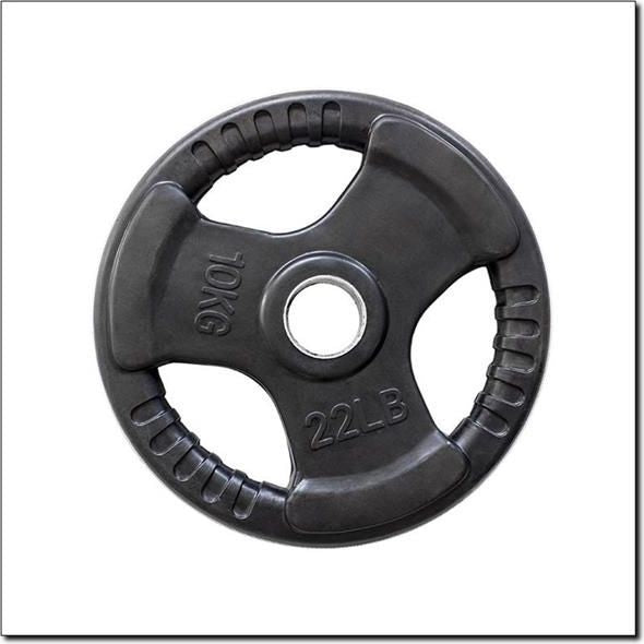 Vektplate på 10 kg i sort gummi med 51 mm hull, olympisk modell i støpejern, sett fra skrå vinkel.