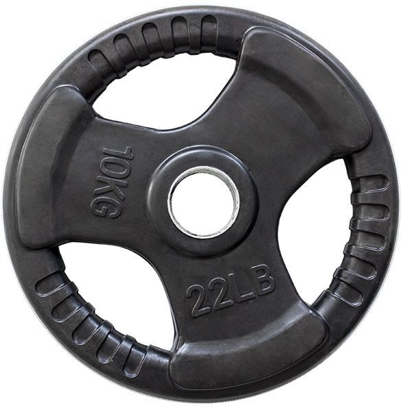 Vektskive i sort metall med tre gripehull, tydelig merket med 10 KG og 22 LB, sett rett forfra.