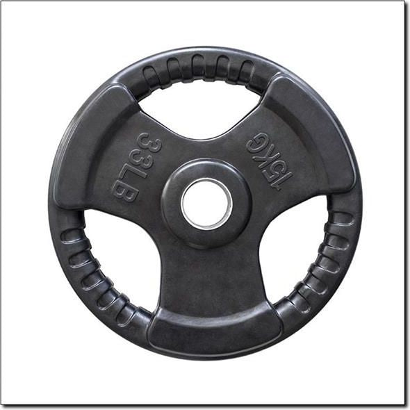 Vektskive i svart metall med tre gripeåpninger og preget tekst "15 KG" og "33 LB", vist rett forfra.