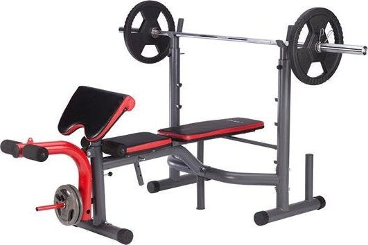Benkpress Benk med vektstang, manualstativ og polstret armstøtte, sett fra siden i svart, grått og rødt.