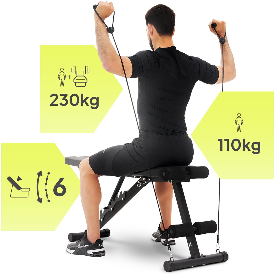 Sammenleggbar Treningsbenk i sort metall med polstring, person bruker treningsstrikk, grafikk viser vekt og justeringer.