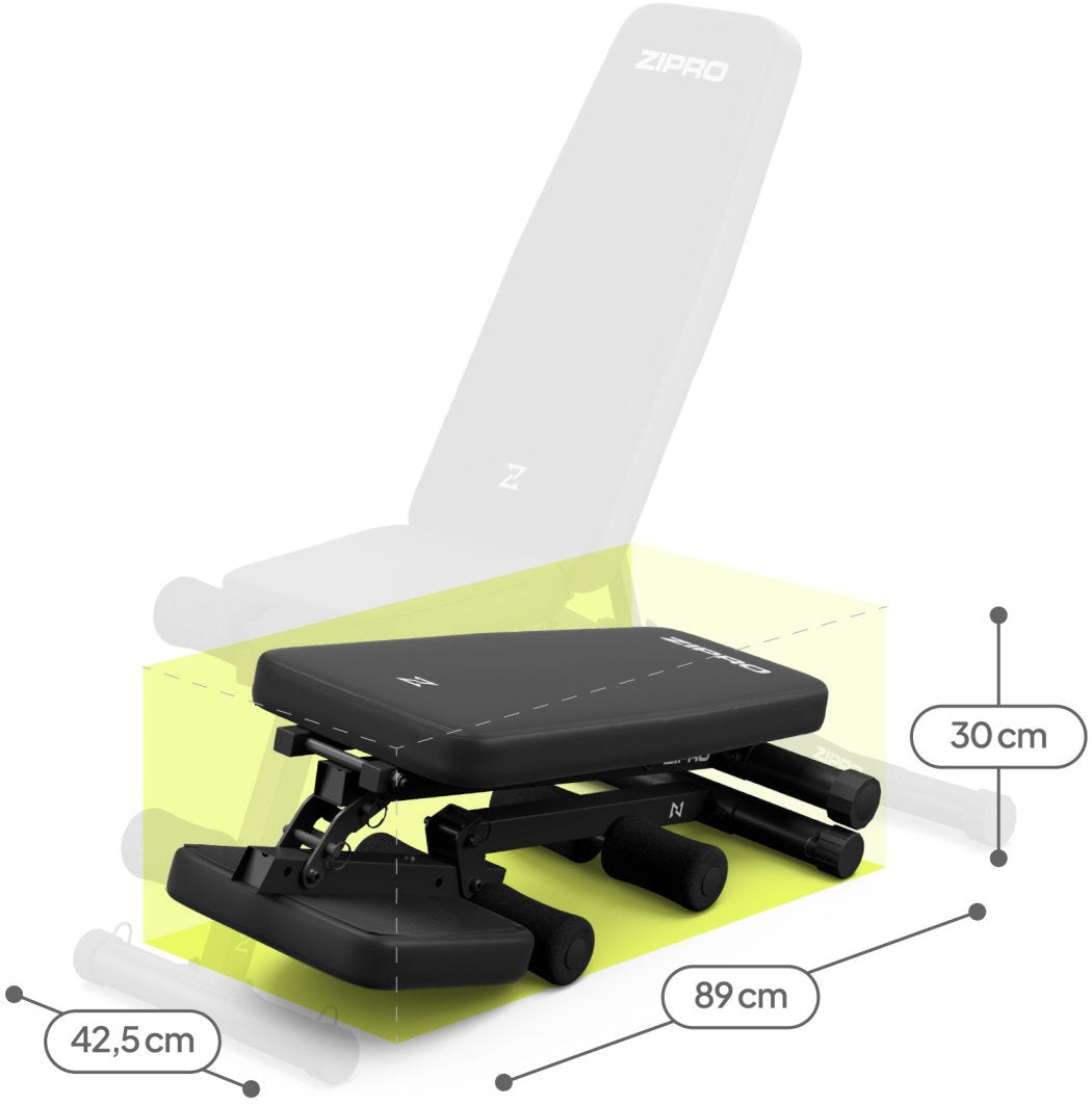 Treningsbenk sammenleggbar i svart, vist fra siden med markerte mål 42,5 cm bredde, 89 cm lengde, 30 cm høyde.