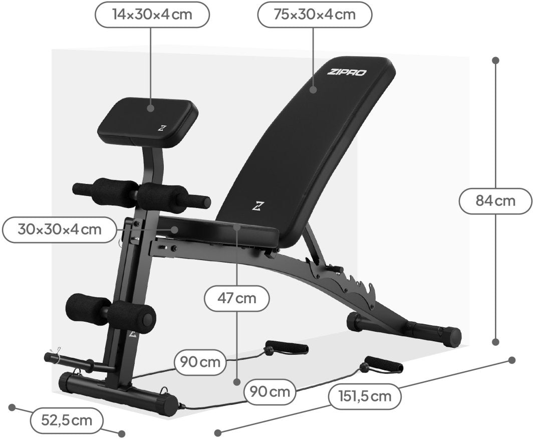 Justerbar Treningsbenk i svart med 4 cm polstring, vist fra siden med mål for sete, rygg og støtteputer.