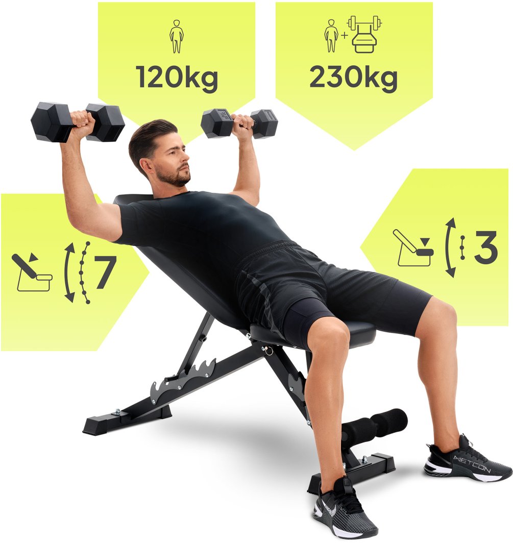 Justerbar Treningsbenk i svart metall med polstring, vist fra skrå vinkel med manualer og markeringer for innstillinger.