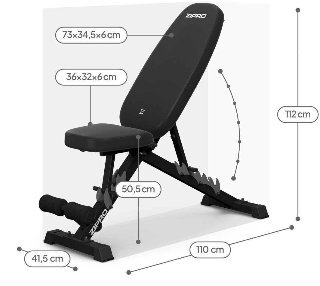 Sammenleggbar Treningsbenk i svart med polstret sete, rygg, foam-ruller og mål for lengde, bredde og høyde vises.