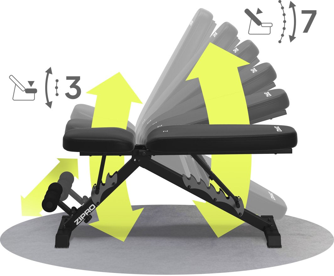 Justerbar Treningsbenk i svart med polstrede puter, vist fra siden, med gule piler som markerer innstillinger.