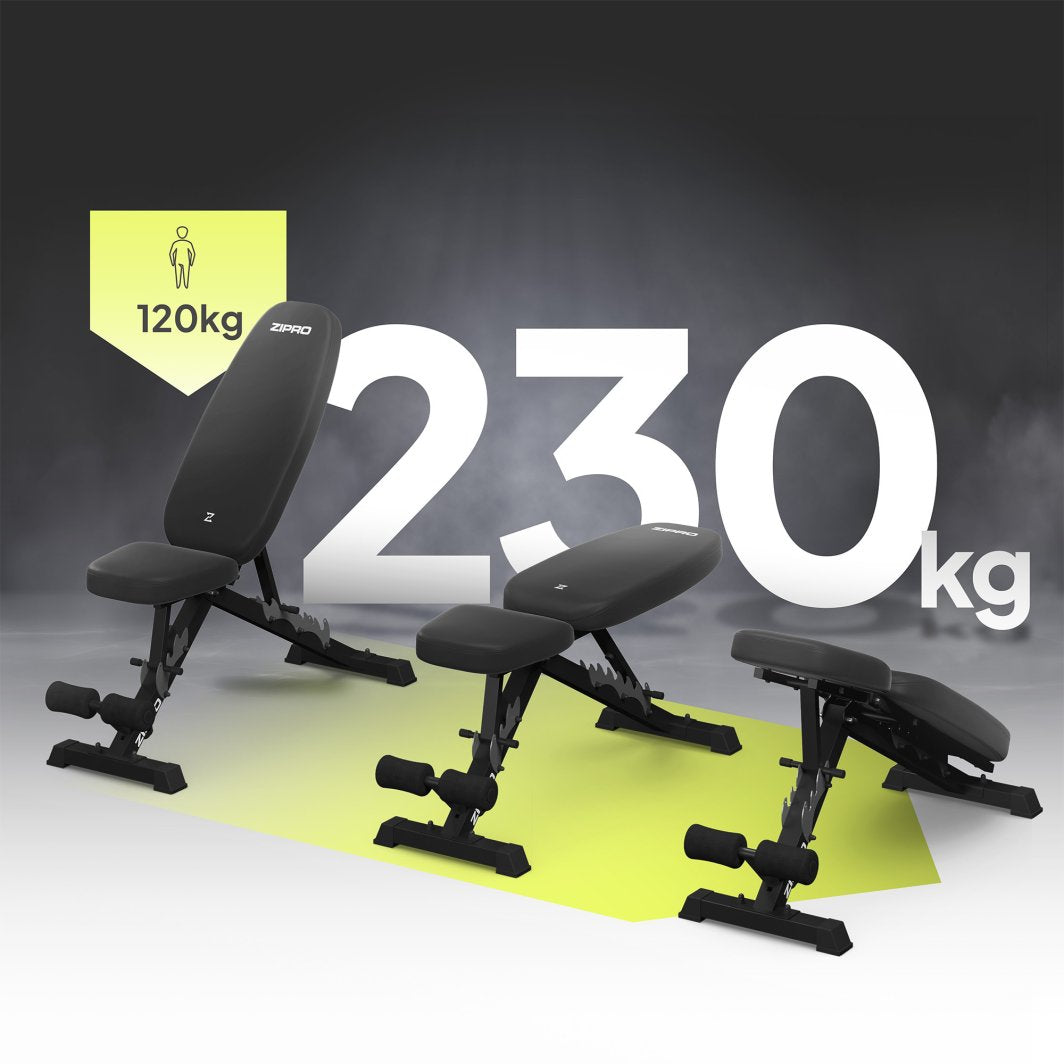 Sammenleggbar Treningsbenk i svart, vist fra siden i tre posisjoner, med skumruller og maks belastning 230 kg.