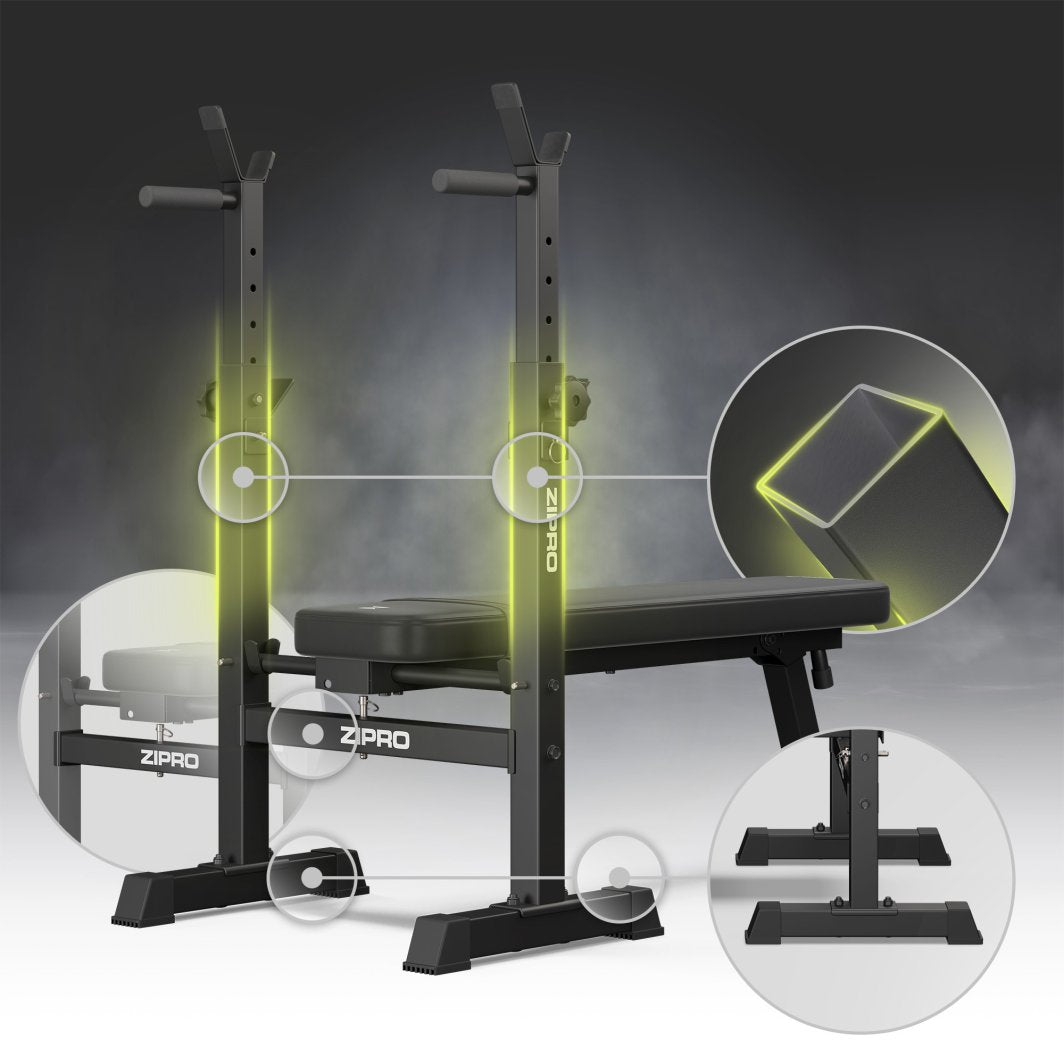 Treningsbenk Sammenleggbar i svart metall med polstret sete, vist fra siden med nærbilder av ramme og støtteben.