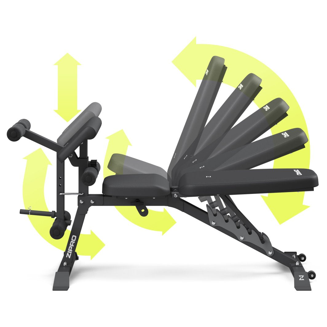 Multifunksjonell Treningsbenk med justerbare stativer og benpresse, sort ramme og røde detaljer, sett fra siden.