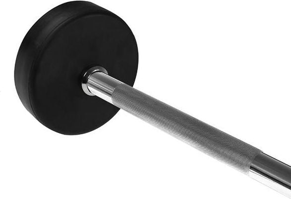 Vektstang 20 kg med sort, rund vektskive og riflet metallgrep, sett fra siden i nærbilde.