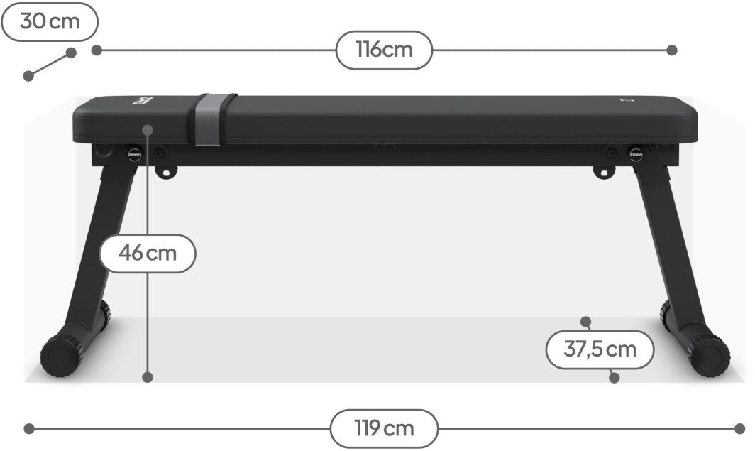 Treningsbenk i sort med polstret overflate, sett fra siden, med tydelig viste mål og avstand mellom bena.