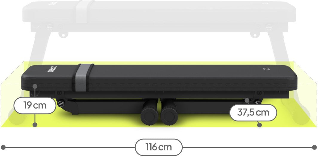 Sammenleggbar Treningsbenk i sort, sett fra siden, flat og sammenfelt med mål 116x37,5x19 cm markert.