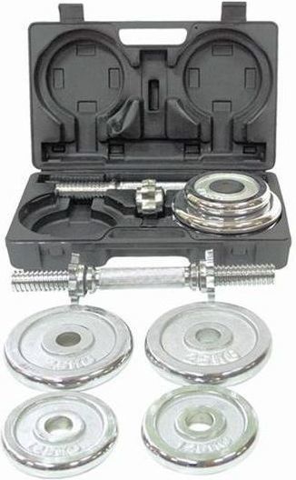 Hantler 20kg sett med kromfargede vektskiver og vektstang i metall, lagt ut i åpen sort koffert.