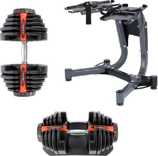 Justerbar Manual 40 kg i sort og rødt med metallgrep, sett fra siden og toppen, på grått, buet stativ.