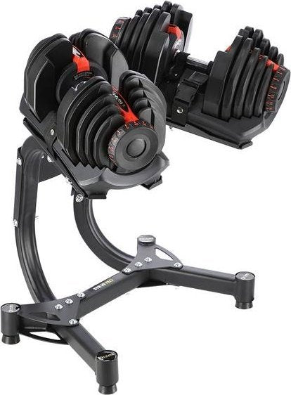 Manualer Sett med to justerbare manualer i svart og rødt på metallstativ, sett skrått forfra med tydelige detaljer.