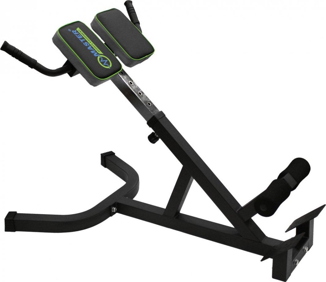 Treningsbenk for hyperextension i stål med svart polstring, justerbar for rygg- og magetrening, sett fra siden.