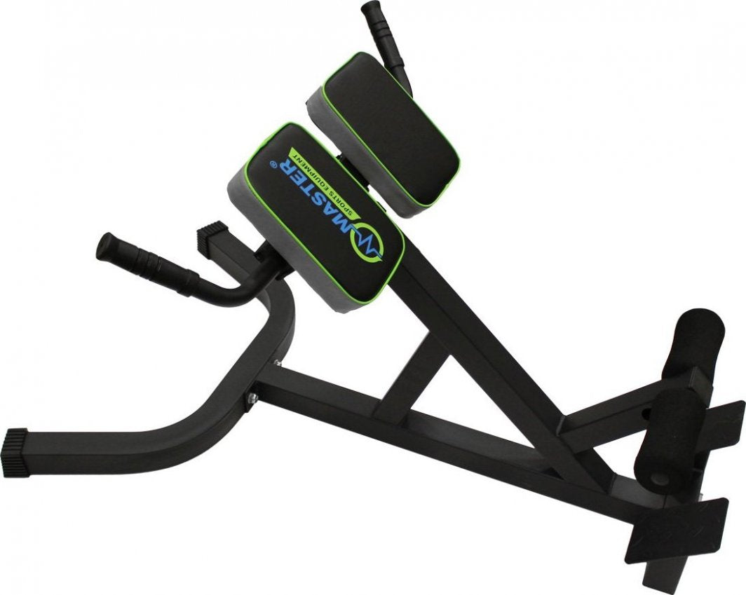 Treningsbenk Rygg i sort metall med grønne detaljer, to polstrede puter, håndtak og benstøtter sett fra siden.