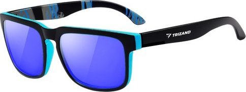Solbriller med blåtonede, polariserte speilglass og sort innfatning med turkise detaljer, sett fra skrå vinkel.
