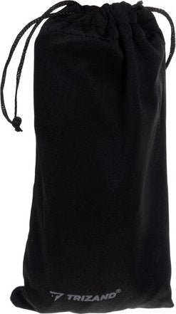 Solbriller Polarisert sort stoffpose med snøring og synlig logo nederst, fotografert rett forfra.