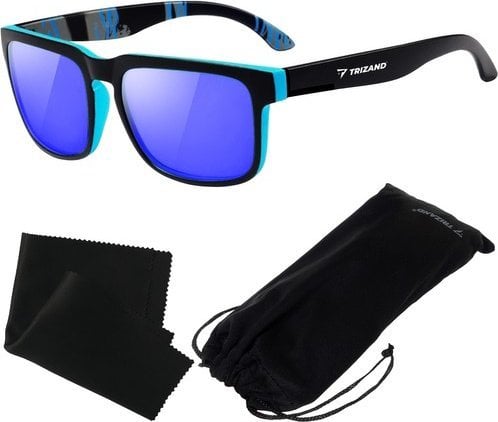 Solbriller Polarisert med blå speilglass, sort/blå innfatning, sort pusseklut og oppbevaringspose med snor.
