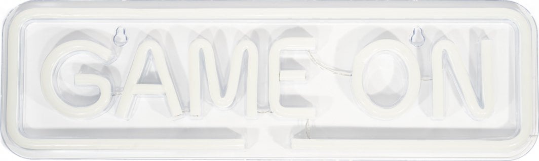 Tredemølle hjemme neonskilt Game On i hvit LED med avrundede hjørner og opphengshull.