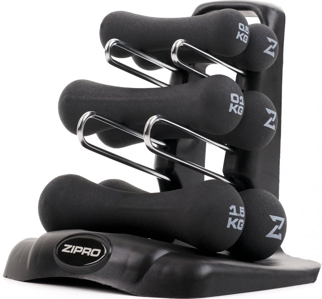 Manualer i seks ulike størrelser plassert i svart stativ med metallholdere, vektmerking og ZIPRO-logo vises tydelig.