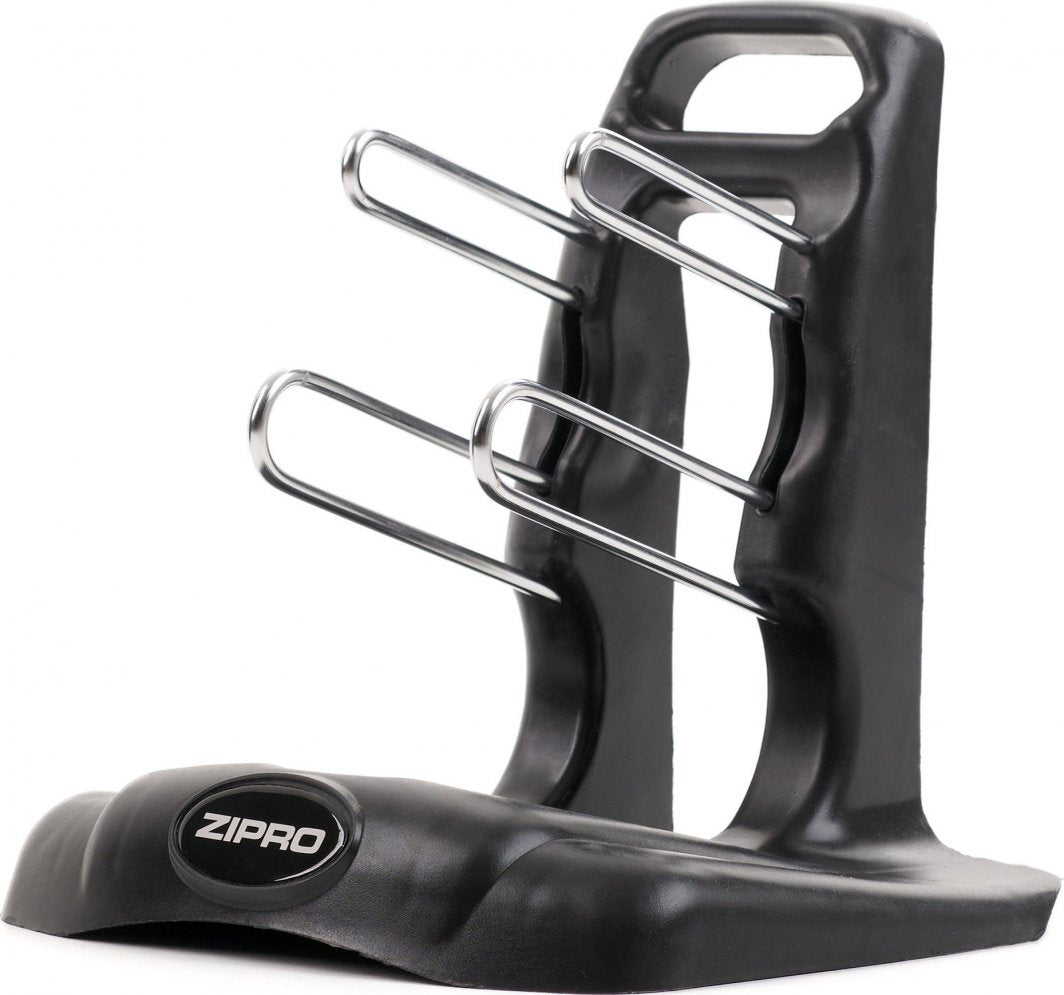 Hantler stativ i sort plast og metall med tre sølvfargede pinner, ZIPRO-logo synlig på foten.