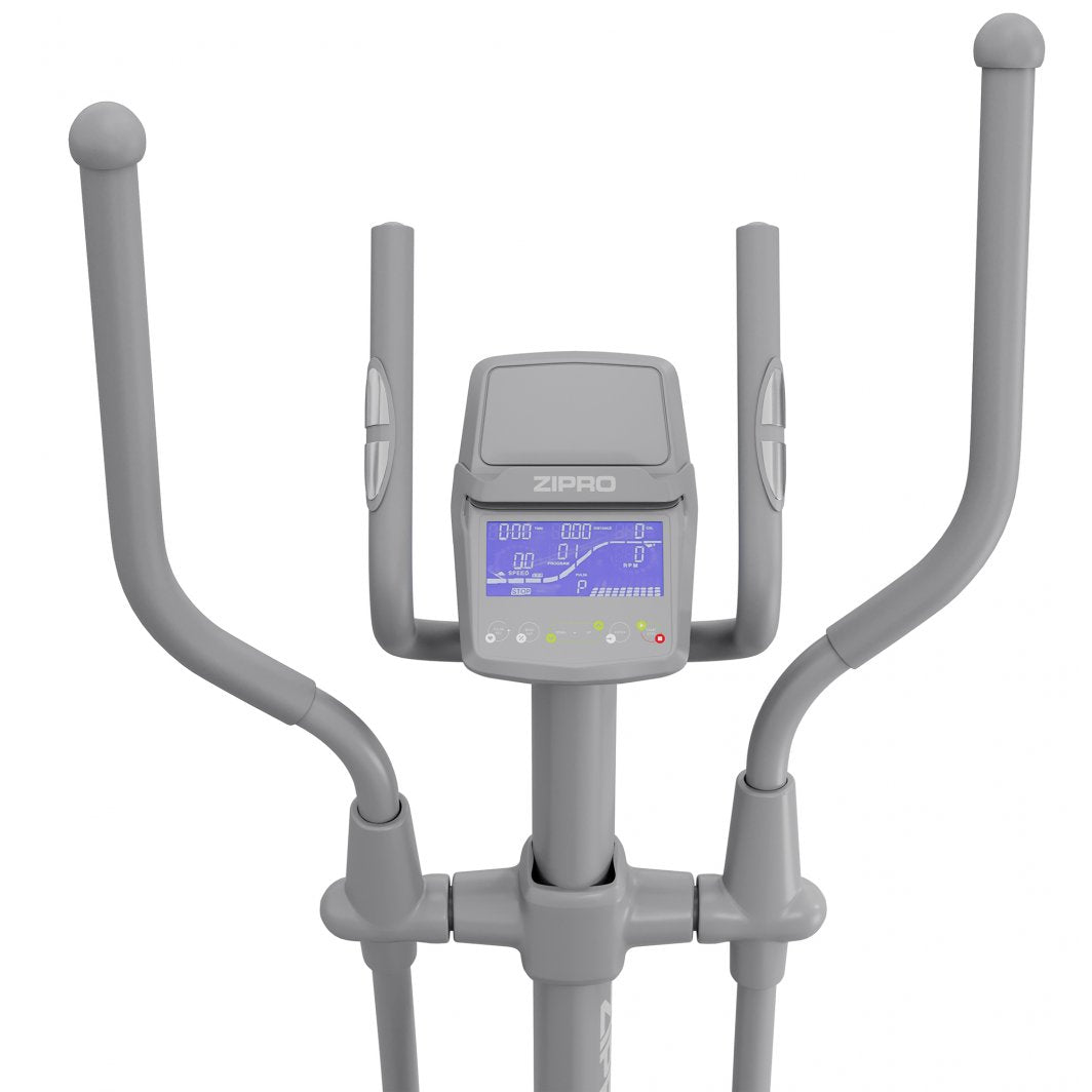 Ellipsemaskin Trening med grå ramme, buede håndtak, elektronisk display med blå bakgrunn og Zipro-logo over.