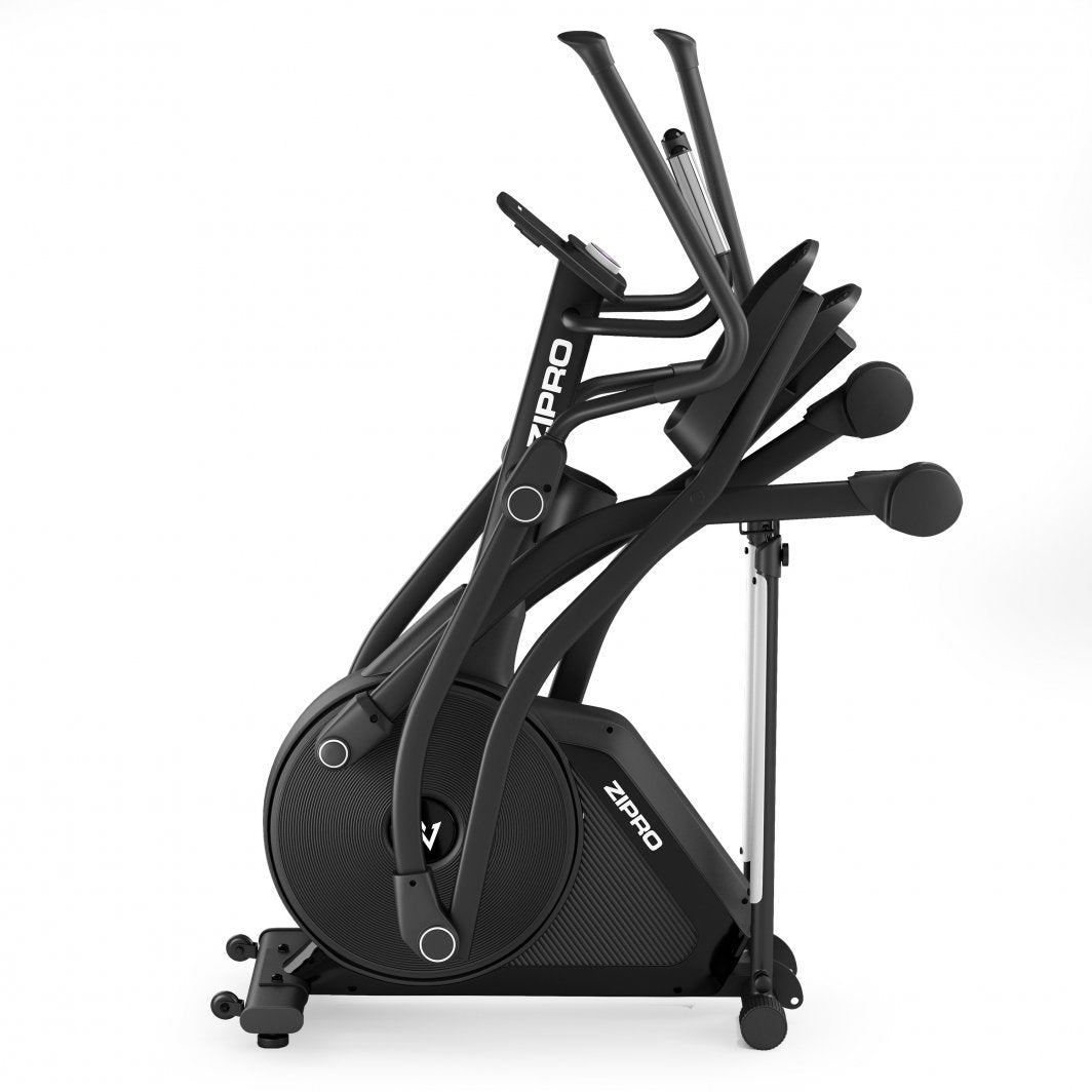 Ellipsemaskin i sort, sammenlagt og oppreist fra siden, med grå detaljer, synlige håndtak og tydelig ZIPRO-logo.