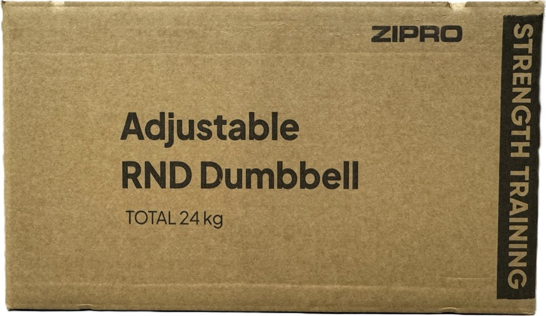 Justerbar Hantel i brun pappeske med svart tekst og logo, merket 24 kg og vertikal stripe med Strength Training.