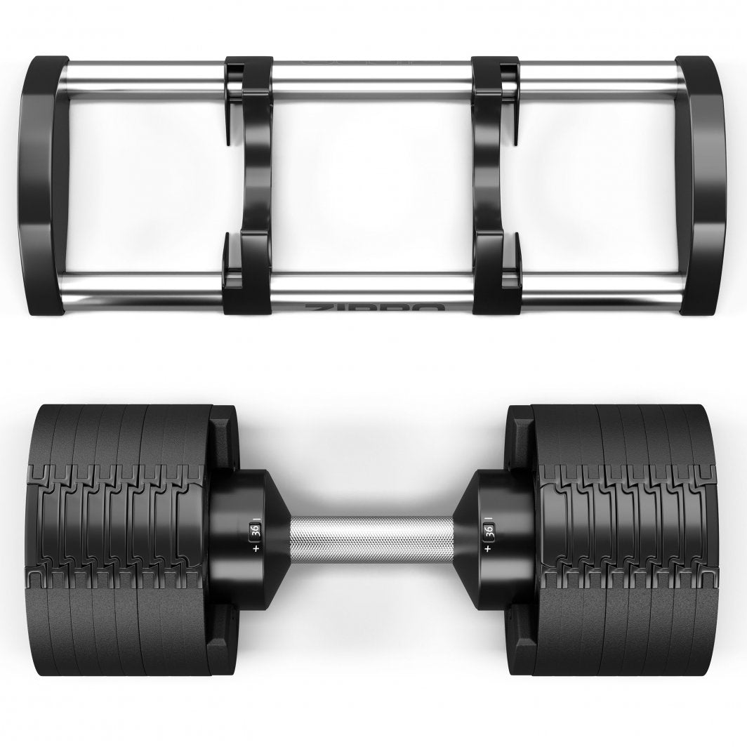 Justerbara Hantlar med sorte og sølvfargede detaljer, sett ovenfra, riflet håndtak og synlig vektjustering.