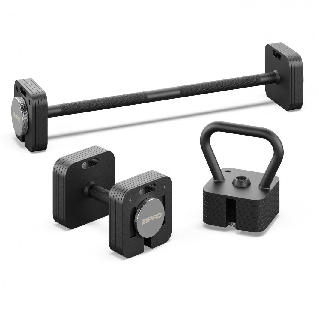 Vekter Trening sett i svart metall med vektstang, manual og kettlebell, synlig ZIPRO-logo mot hvit bakgrunn.
