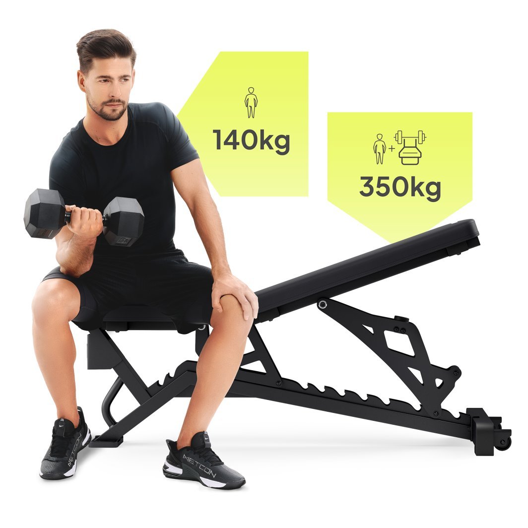 Multifunksjonell Treningsbenk i sort metall med polstring, mann trener med manual, infografikk viser belastning.