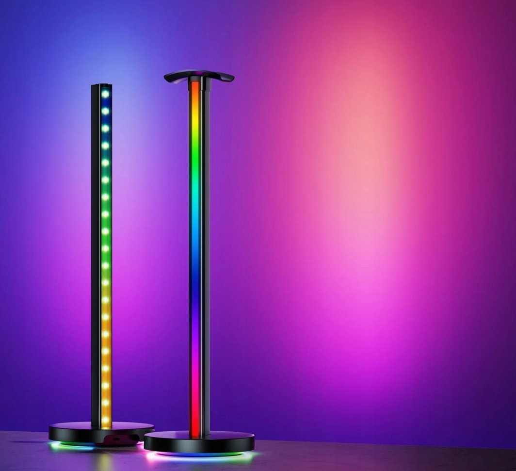 Tredemølle hjemme LED-lys RGBIC Light Bar 2-pack med flerfarget lys foran fargerik bakgrunn.