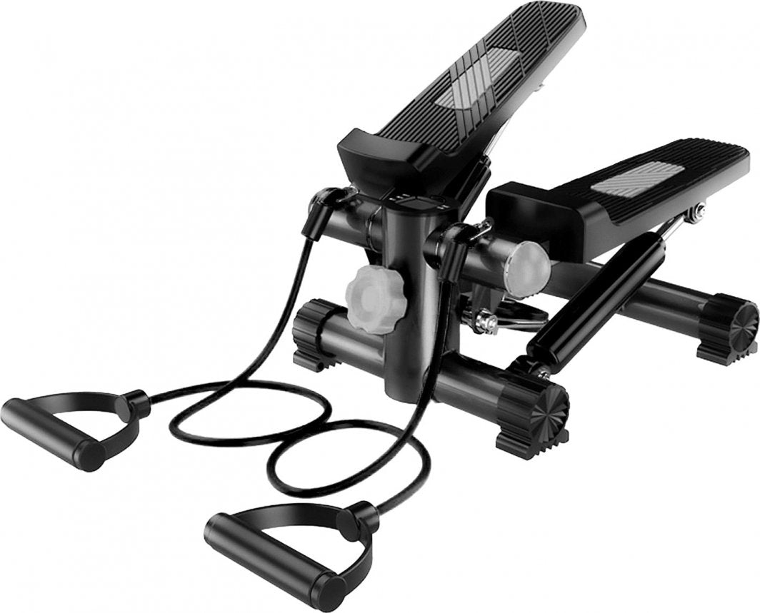 Stepmaskin i sort med to fotplater, motstandsbånd med håndtak og LCD-display, sett skrått forfra.
