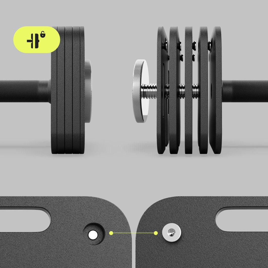 Justerbar Manual med sorte kvadratiske vektskiver i metall, sølvfarget låseskrue og nærbilde av festehull.