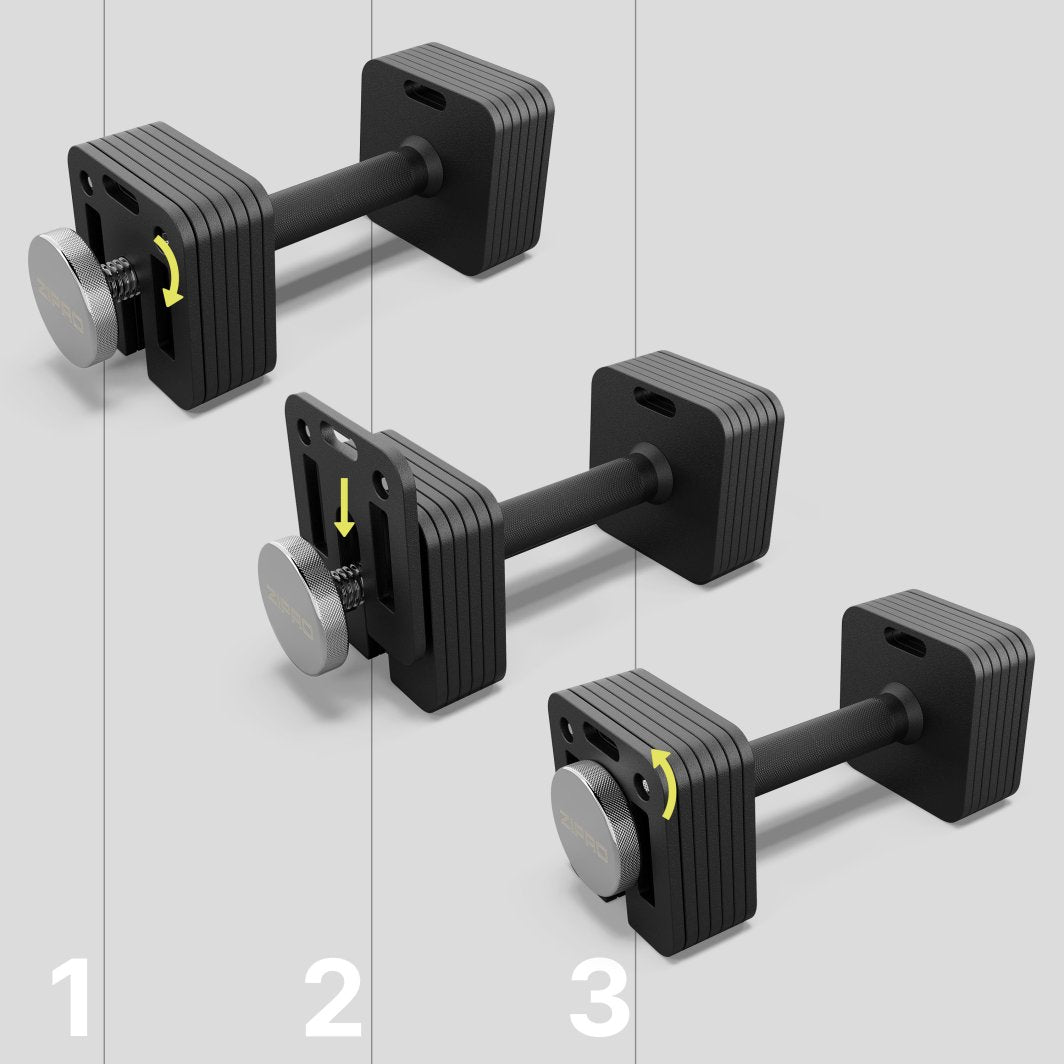 Hantel i sort metall med firkantede vektskiver, sølvfarget skruknapp og gule piler som viser justeringstrinn.
