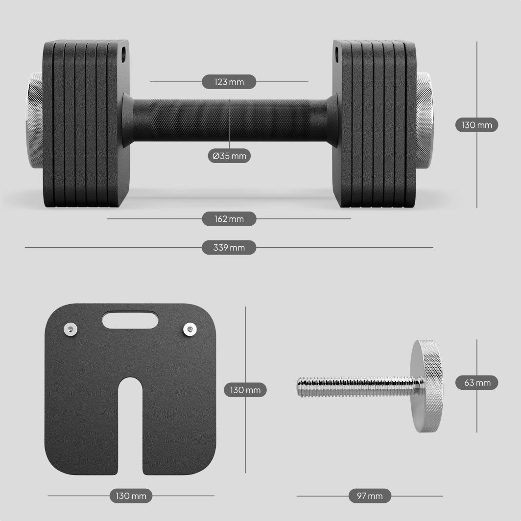 Justerbar Manual i svart metall sett fra siden med mål, samt detaljbilder av håndtak, vektplate og festeskrue.