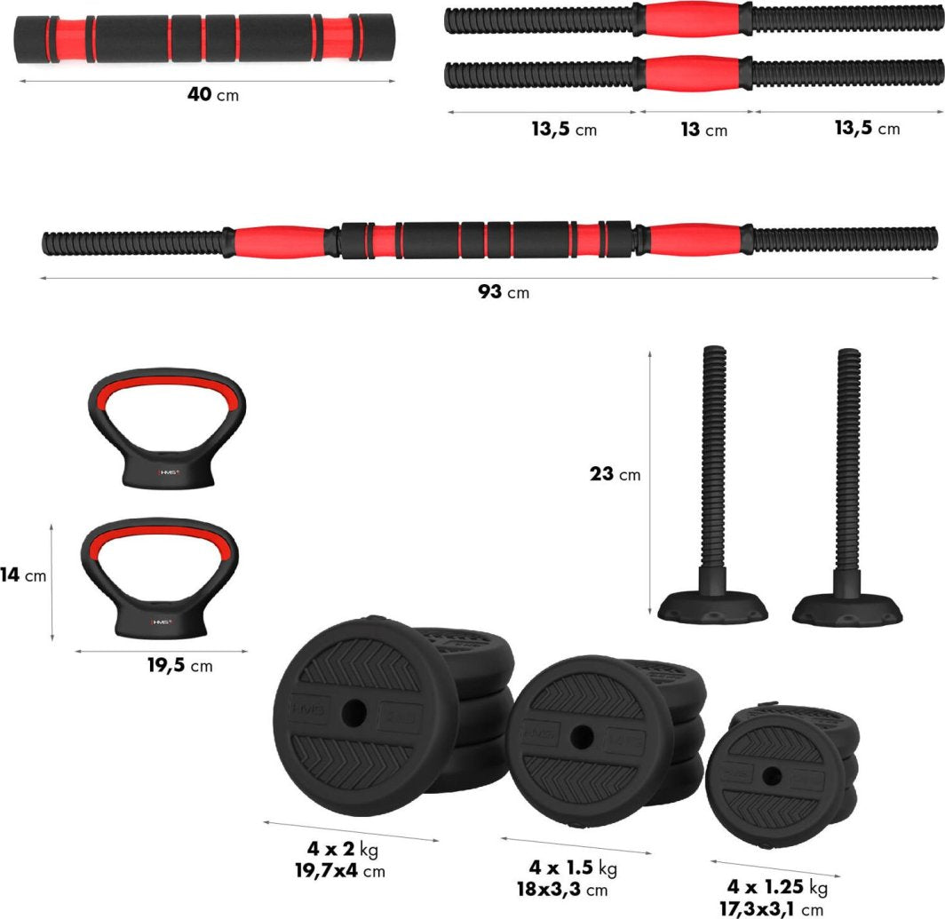 Hantler bitumenske justerbare 20kg sett, to svarte hantler med runde skiver og stenger for hjemmetrening.