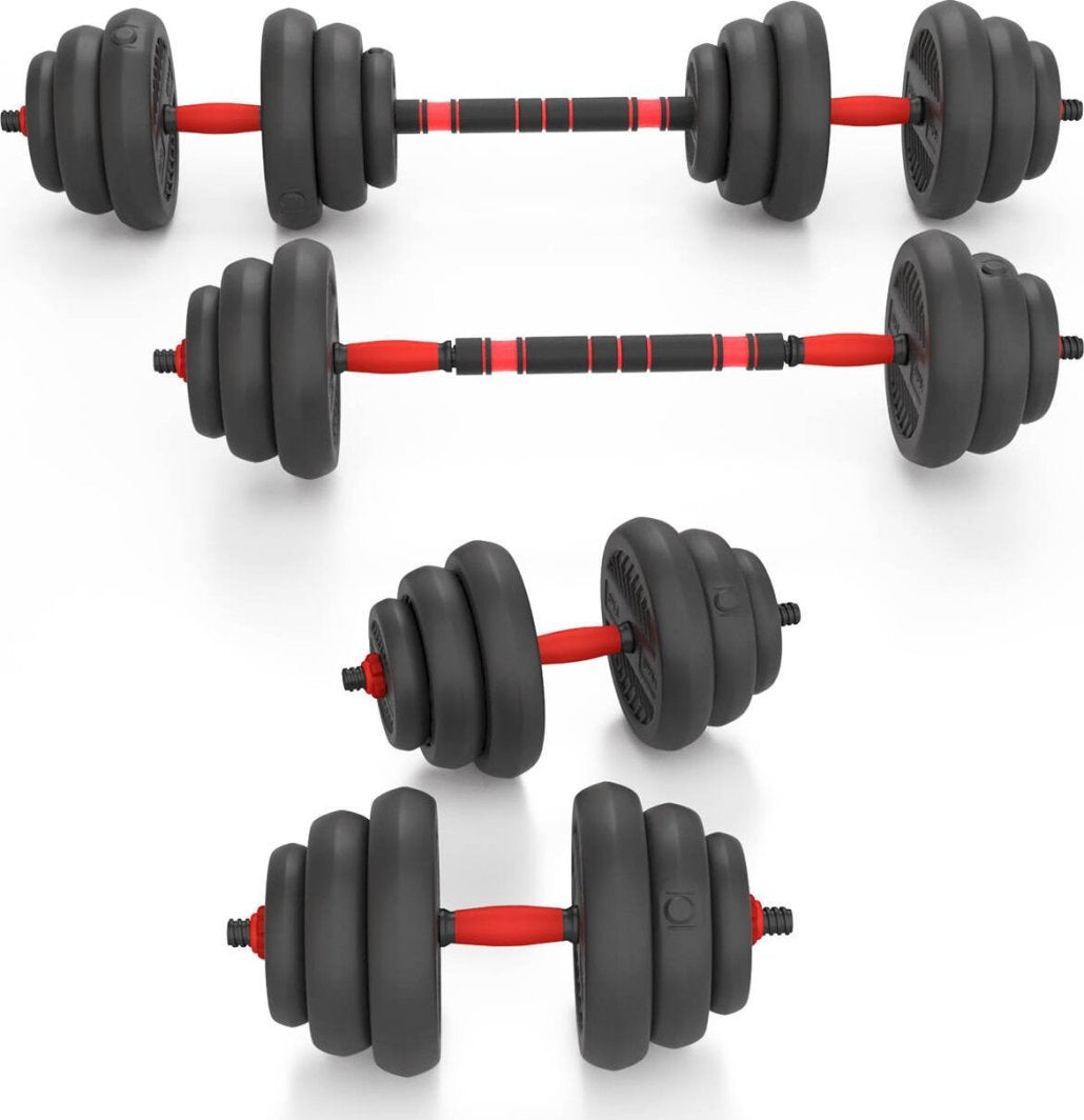 Justerbare manualer med sort bitumenbelegg, to manualer à 10 kg hver, liggende på gulv for hjemmetrening.