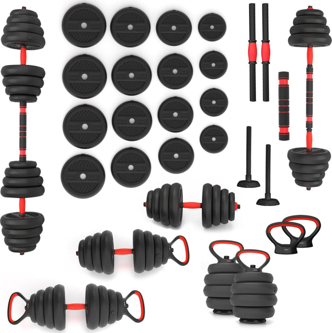 Justerbare Manualer med vektstenger, kettlebells og løse vektskiver i sort og rødt sett ovenfra mot hvit bakgrunn.