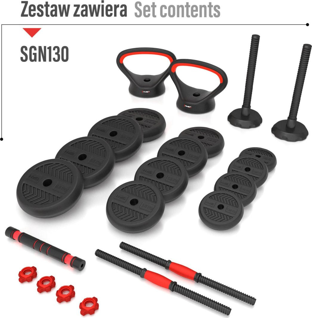 Hantler med svarte vektplater, røde detaljer på stenger, håndtak og vektlåser, sett fra skrå vinkel ovenfra.