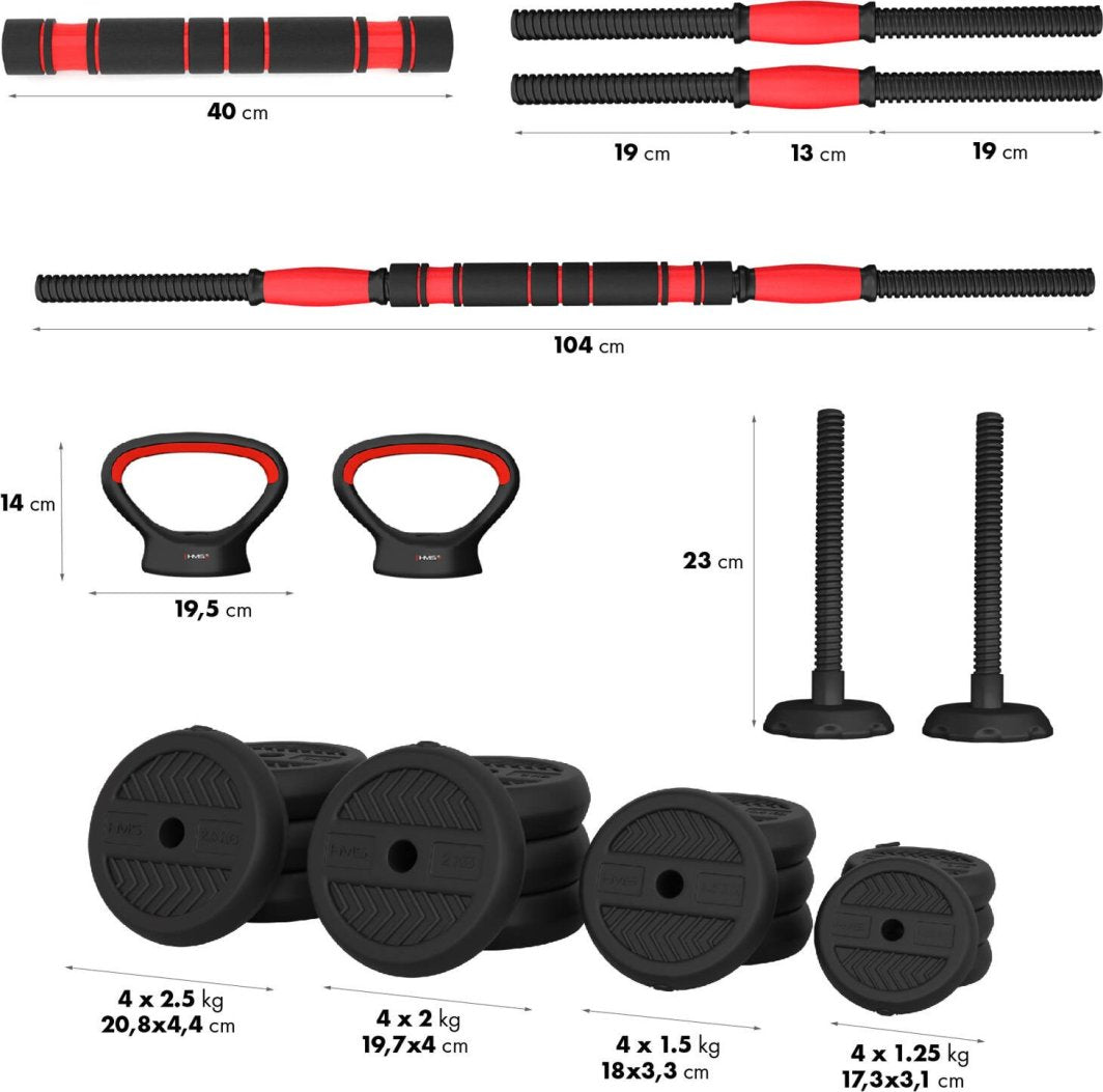 Manualer Sett med sorte og røde manualer, kettlebell-håndtak, vektstenger, vektskiver og skrulåser, sett forfra.