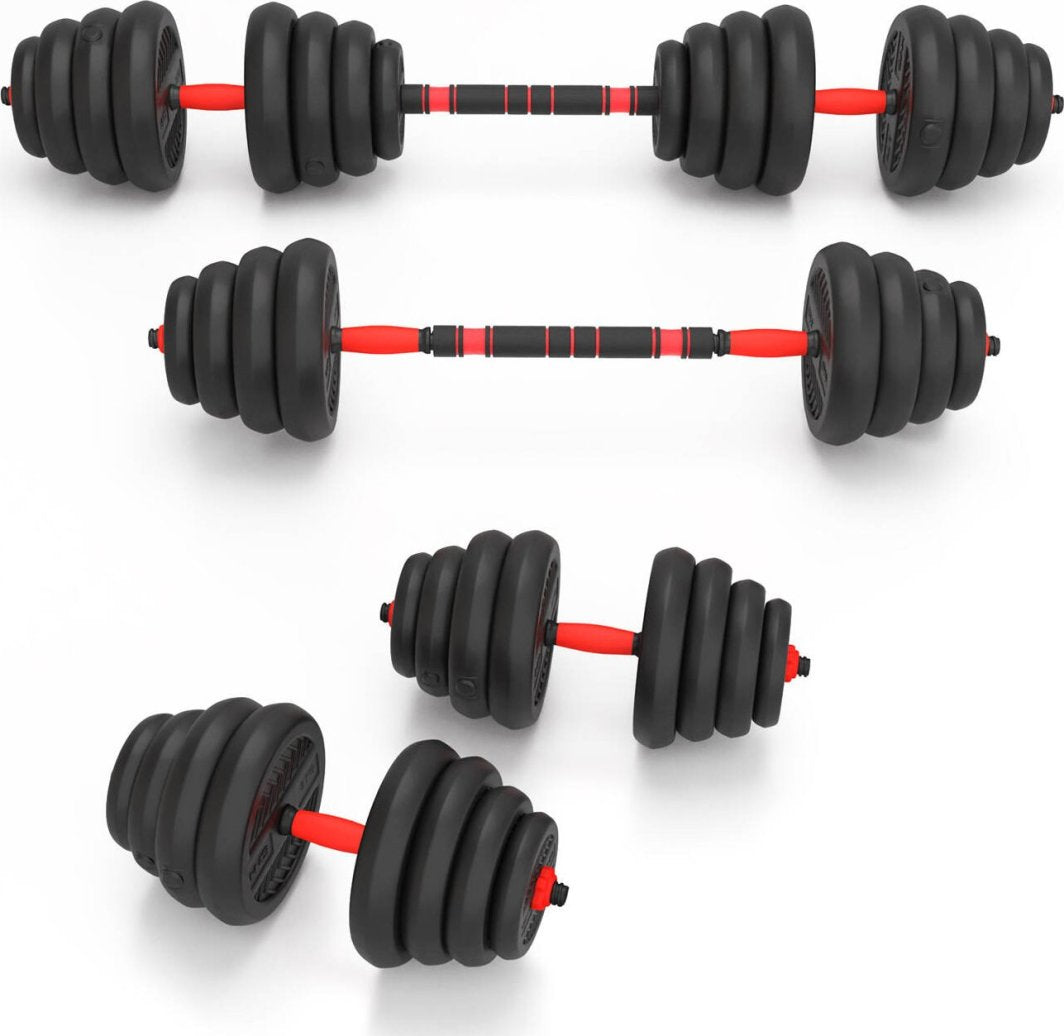 Hantler i sort og rødt med justerbare vektskiver og vektstang, sett fra skrå vinkel på hvit bakgrunn.