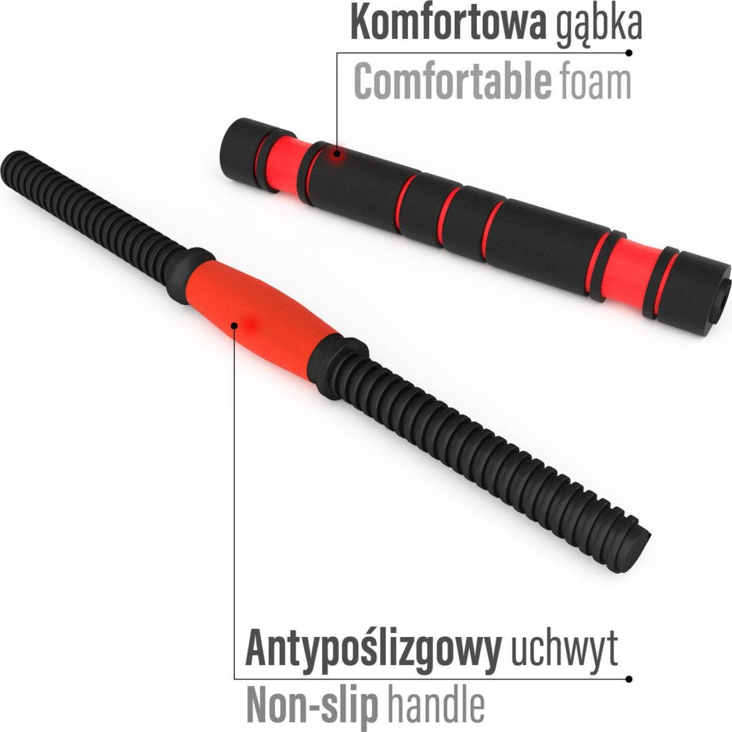Justerbare Manualer med to treningsstenger i svart og rødt skumgummi, én med teksturert grep, én med myk polstring.