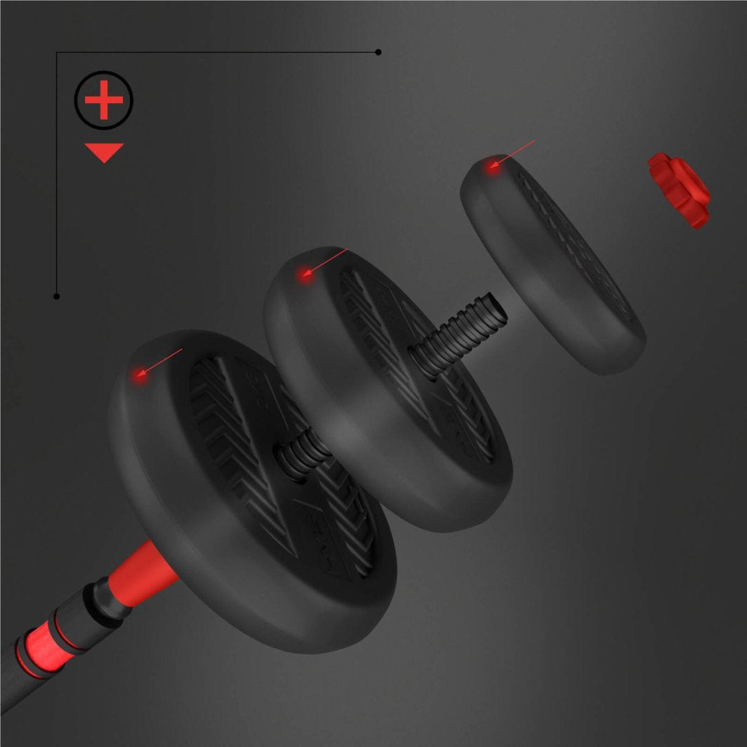 Manualer Sett med vektstang, sorte mønstrede vektskiver og røde plastlåser, vist i eksplodert perspektiv.