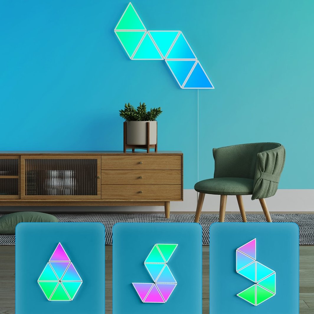 Walking Pad smart lys panel 12W Wi‑Fi/Bluetooth i trekantede moduler i farger montert på vegg.