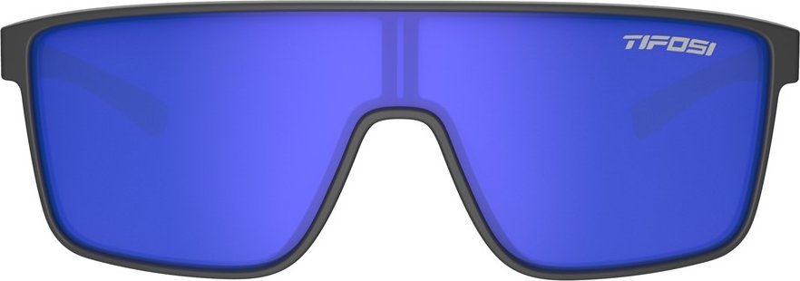 Sportsbriller med speilblå, stor linse og sort ramme, TIFOSI-logo synlig øverst til høyre på glasset.