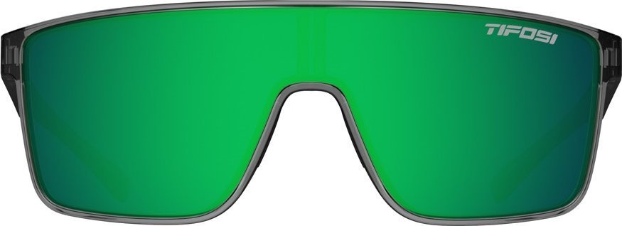 Løpebriller med stor grønn speil-linse og sort ramme, sett forfra, diskret logo øverst til høyre på linsen.