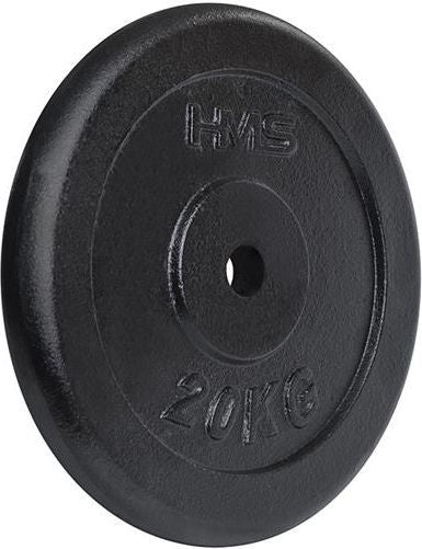 Vektplate i sort støpejern på 20 kg, sett skrått forfra, med preget "20KG" og "HMS", 31 mm hull i midten.